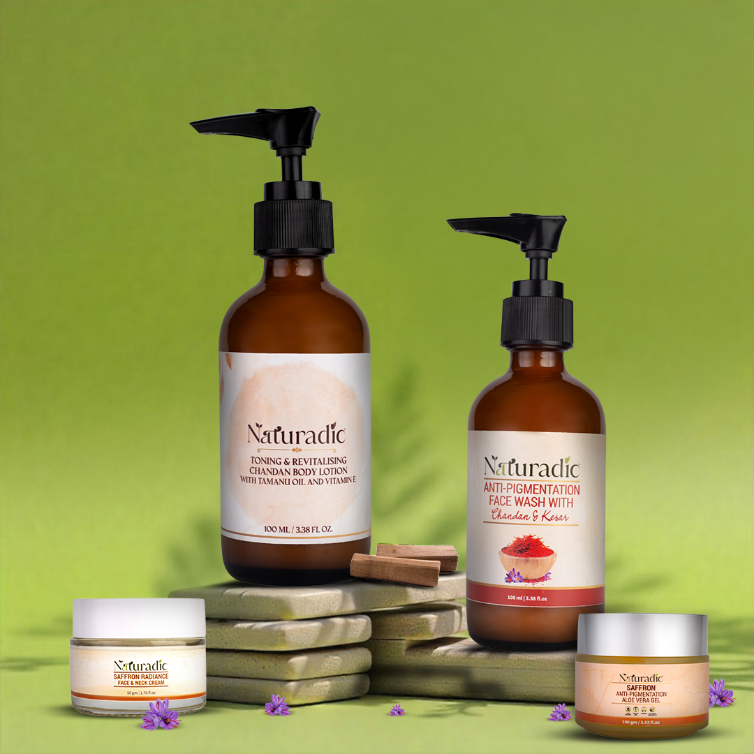 Toning & Revitalising Chandan Body Lotion With Anti-Pigmentation Face wash With Saffron Anti-Pigmentation With Saffron Rediance Face & Neck Cream