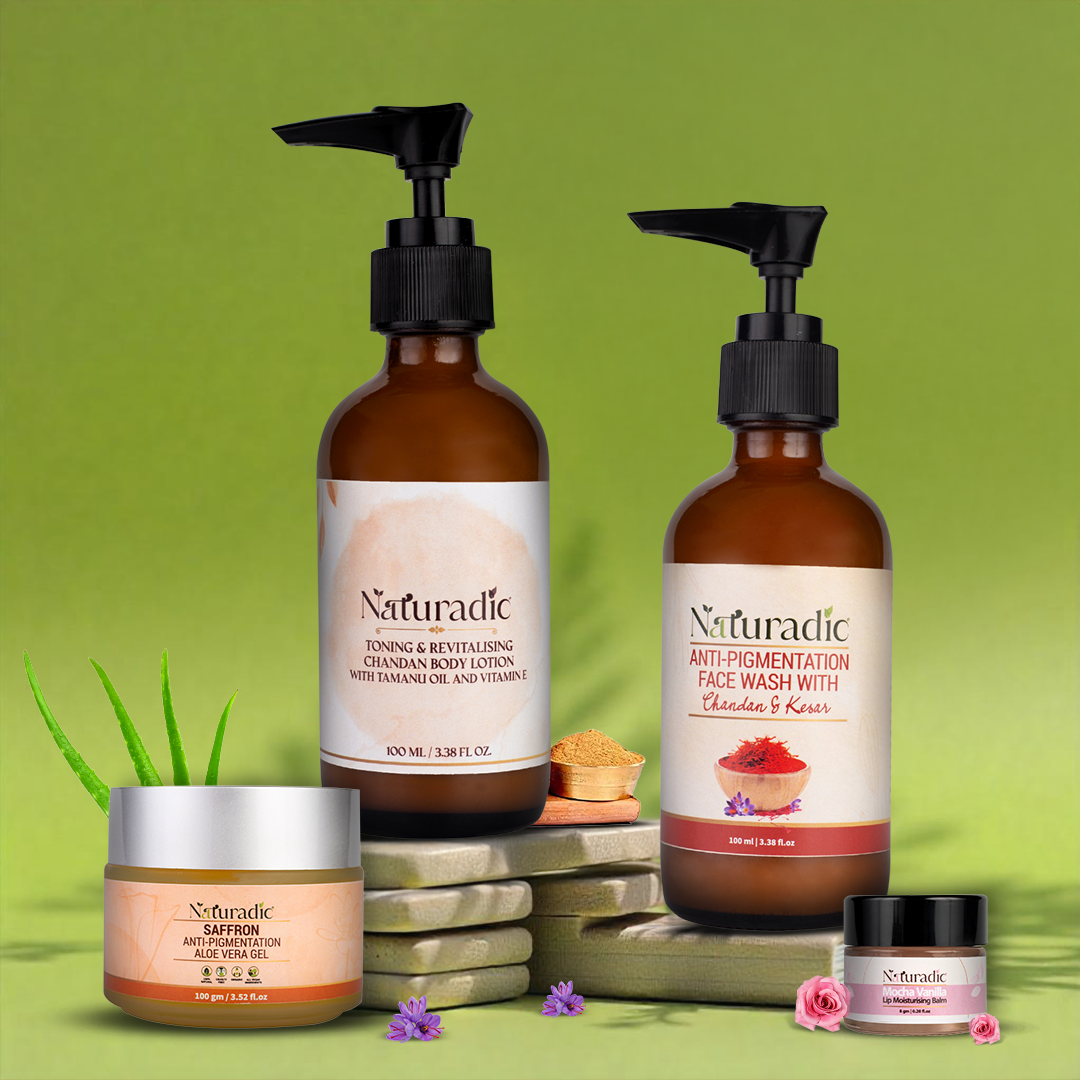 Saffron Anti-Pigmentation Aloe Vera Gel, With Anti-Pigmentation Face wash with Chandan & Kesar , With Toning & Revitalising Chandan Body Lotion with Tamanu Oil and Vitamin E, With Mocha Vanilla Natural Lip Balm
